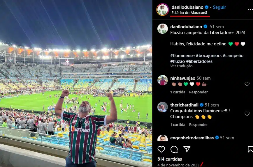 Danilo Dubaiano visitou o Estádio do Maracanã em novembro de 2023 para acompanhar a vitória do Fluminense na Libertadores daquele ano