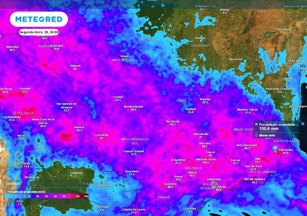 Mapa chuvas no Sudeste