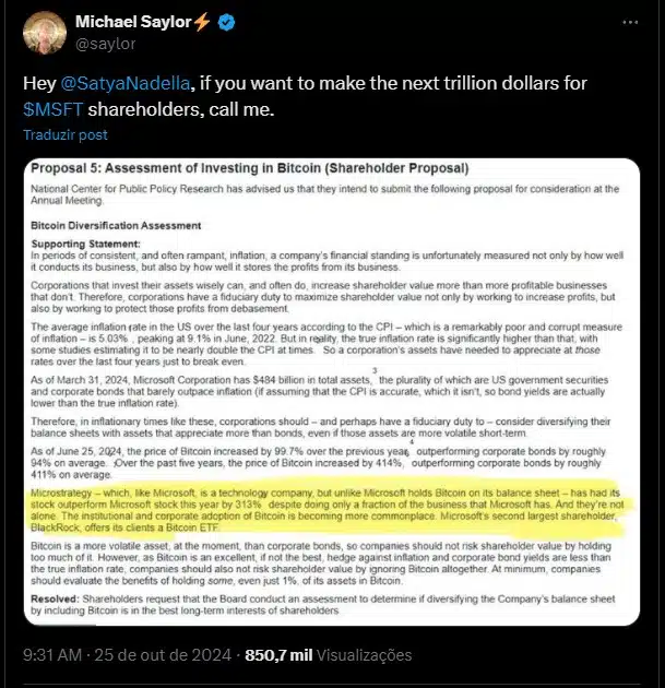 Michael Saylor, CEO da MicroStrategy, marca Satya Nadella, CEO da Microsoft, e oferece ajuda na compra de Bitcoin. Fonte: X.