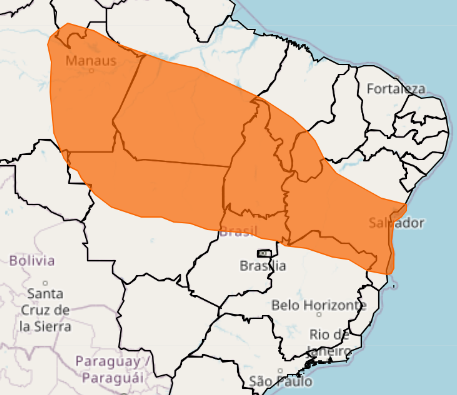 Alerta laranja indica 'perigo' e abrange algumas áreas centrais, do norte e do nordeste do país | Foto: Reprodução/Inmet