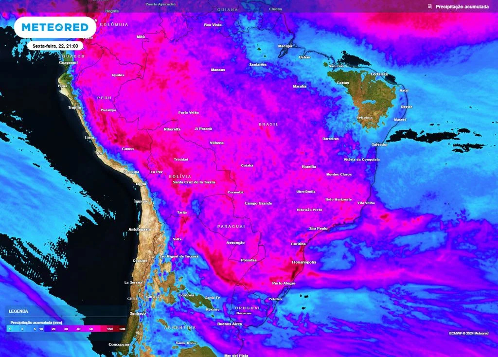 Chuvas se espalham pelo Brasil nesta semana e há alertas de chuvas intensas, tempestades e tempo severo em boa parte do país | Foto: Divulgação/Meteored