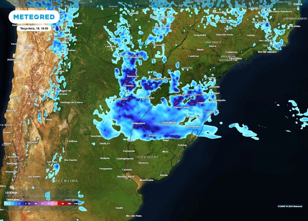 Previsão de chuvas intensas na Região Sul na terça-feira, com potencial de tempestades no Estado de Santa Catarina | Foto: Divulgação/Meteored