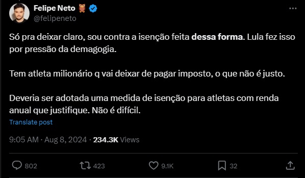 Influenciador também criticou MP de Lula | Foto: Reprodução