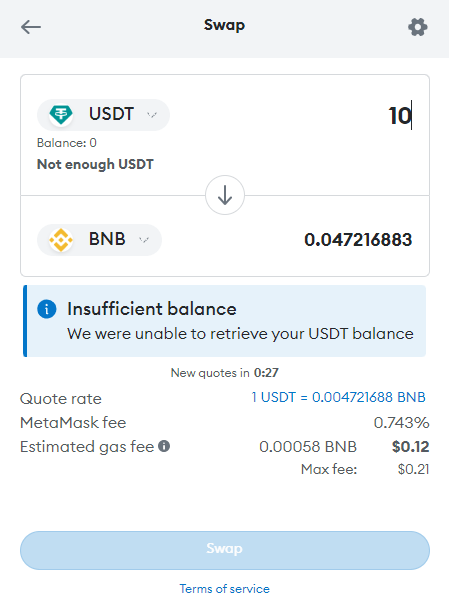 troque USDT por BNB na BNB Smart Chain com MetaMask