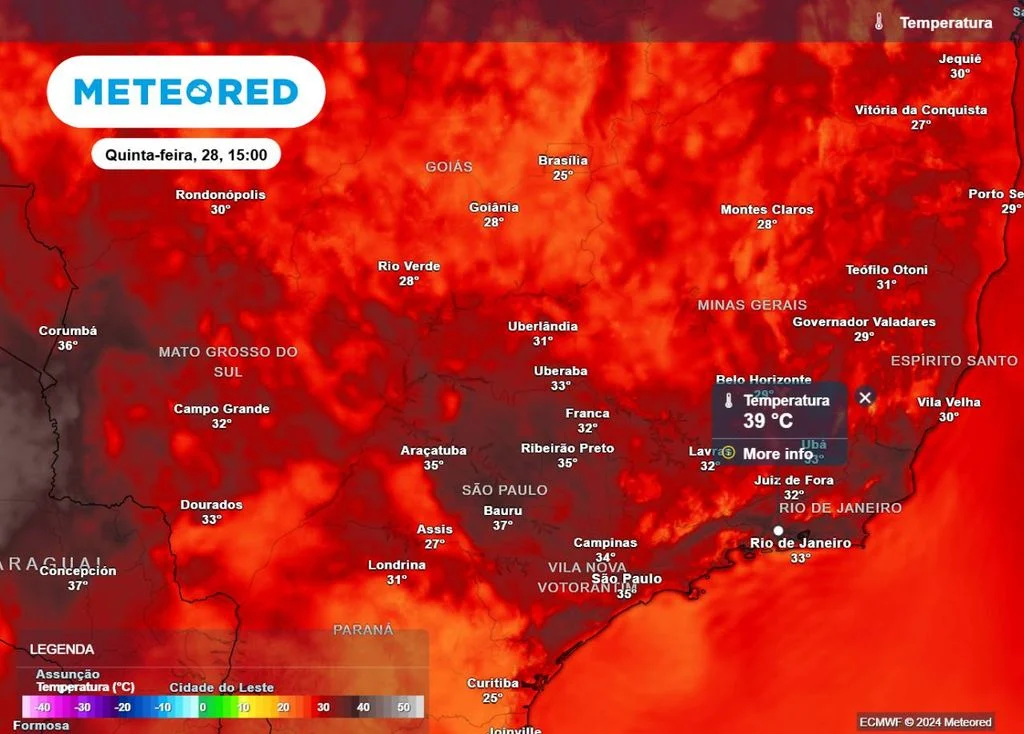 Mapa temperatura na quinta-feira