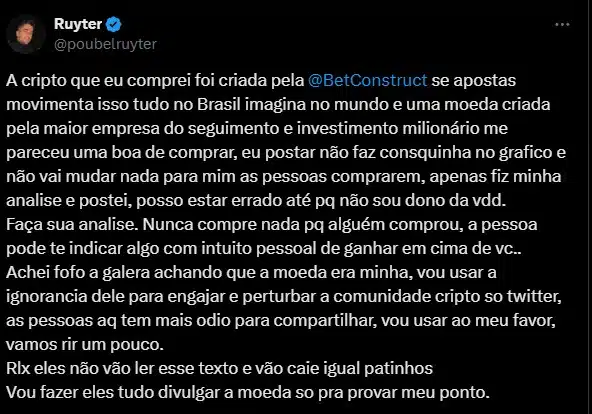 Ruyter zomba da comunidade de criptomoedas