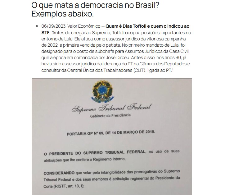 Segundo Eli Vieira, o conteúdo do site deixa os visitantes concluírem por si mesmos qual é o respeito que ministros do STF têm pela democracia e pelas liberdades individuais | Foto: Reprodução/morteademocracia.censuranao.com