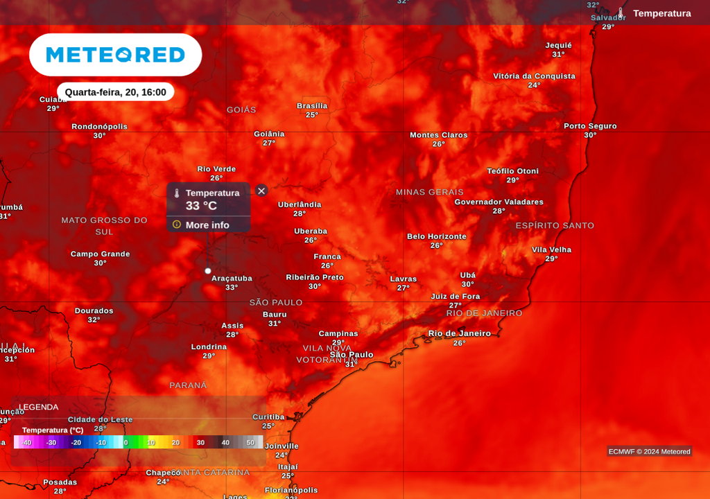 Mapa de temperatura quarta-feira