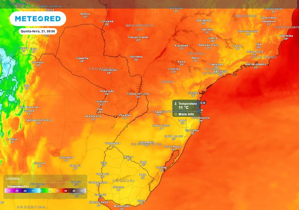 Mapa de temperaturas na frente fria