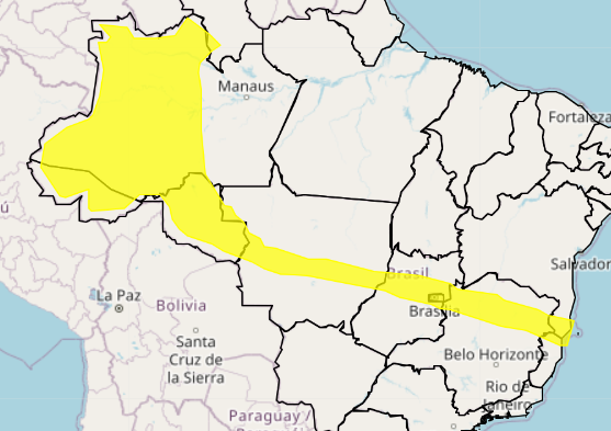 Áreas onde o alerta amarelo abrange, com chuvas e ventos intensos | Foto: Reprodução/Inmet