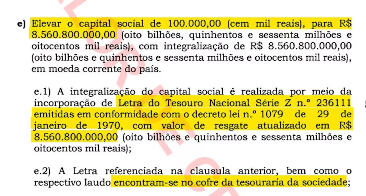 Documento do Atualbank, de 2021, registra mudança de capital social do 'banco' com letra do Tesouro Nacional supostamente avaliada em R$ 8,5 bilhões | Foto: Reprodução/Estadão
