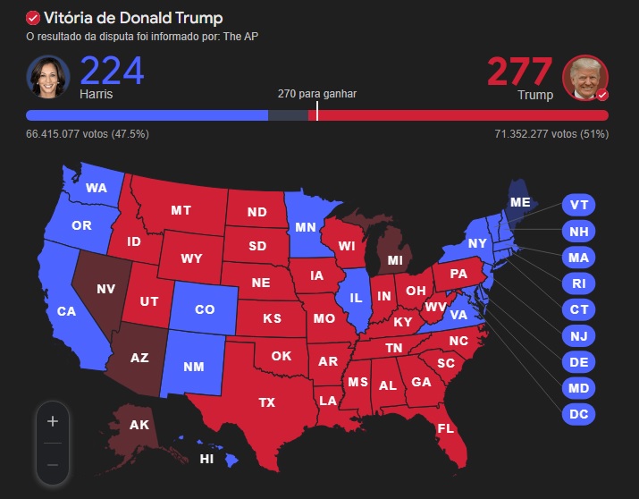 confira os mapas da vitória de Trump 1 Mapa mostra Estados conquistados por Trump e Kamala Harris | Foto: Reprodução/Redes sociais