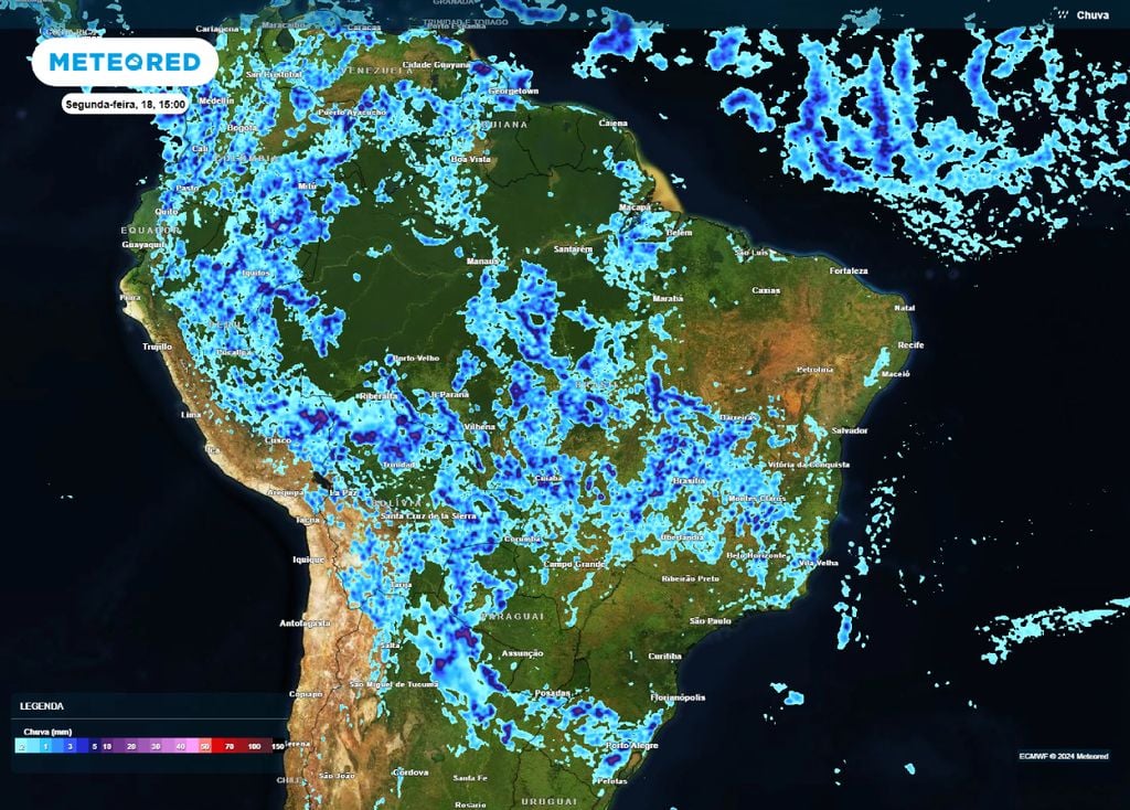 Chuvas isoladas pelo Brasil Central a partir da tarde da segunda-feira, há possibilidade de tempestades pontuais | Foto: Divulgação/Meteored