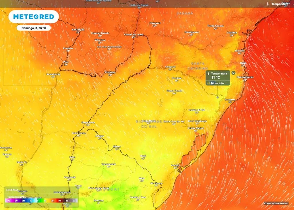 Mapa de temperatura no domingo