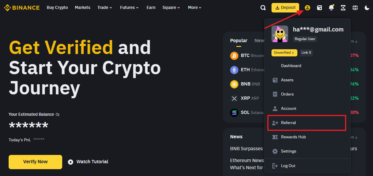 menu de perfil binance