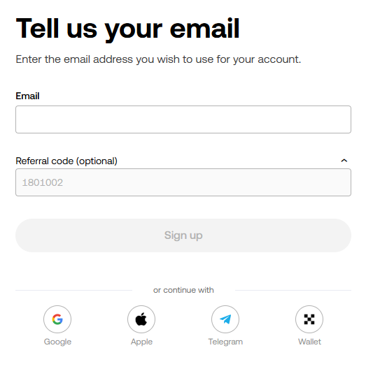 OKX insira o e-mail ou selecione outro método de login