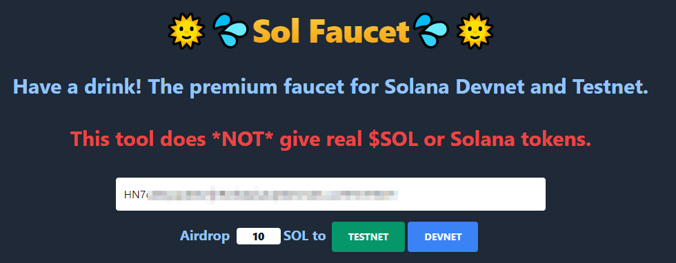 Um schreesnhot mostrando como solicitar tokens SOL gratuitos no Sol Faucet