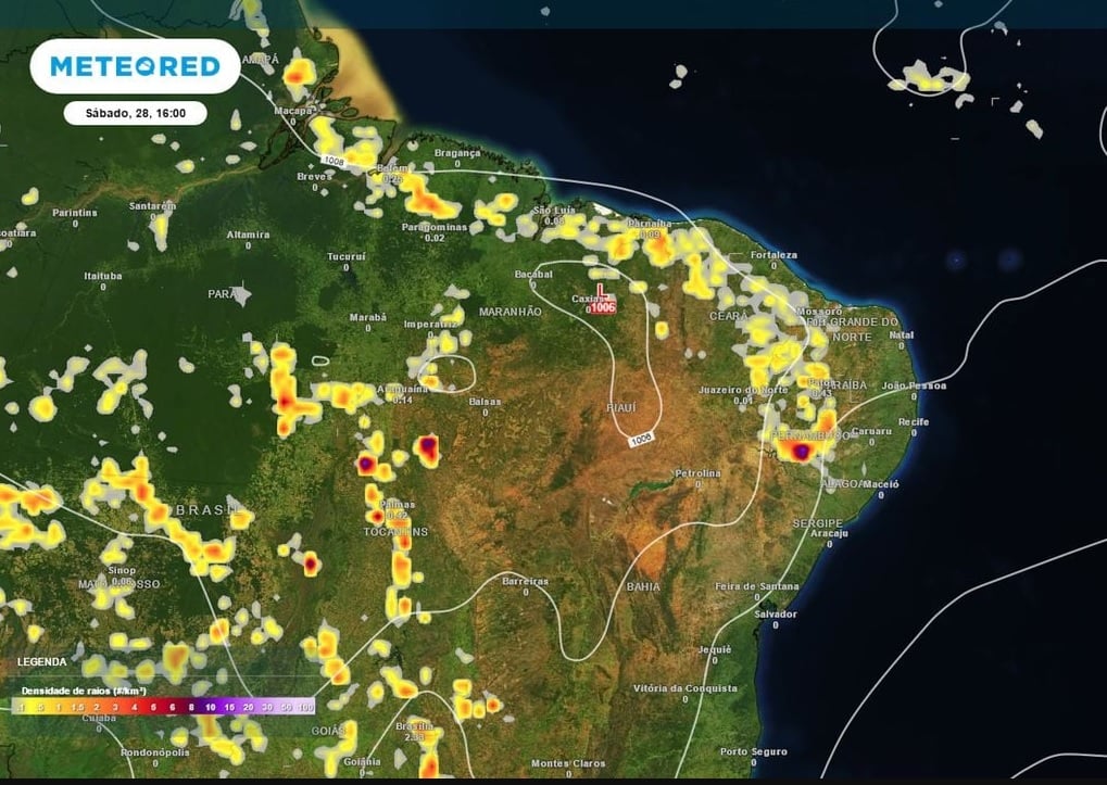 Com a formação de um vórtice ciclônico em altos níveis, a previsão do tempo aponta para tempestades localizadas em diversos Estados | Foto: Divulgação/Meteored