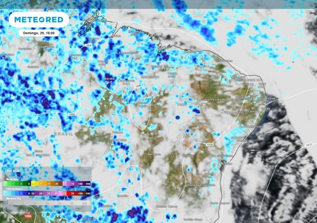 Neste domingo, pancadas de chuva podem ocorrer em toda a região, incluindo o interior, com acumulados médios de 50 mm em pontos isolados | Foto: Divulgação/Meteored