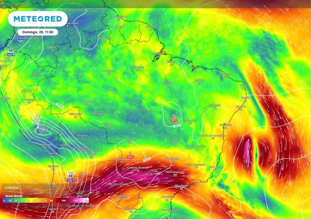 Com a formação de um vórtice ciclônico em altos níveis, a previsão do tempo aponta para tempestades localizadas em diversos Estados | Foto: Divulgação/Meteored