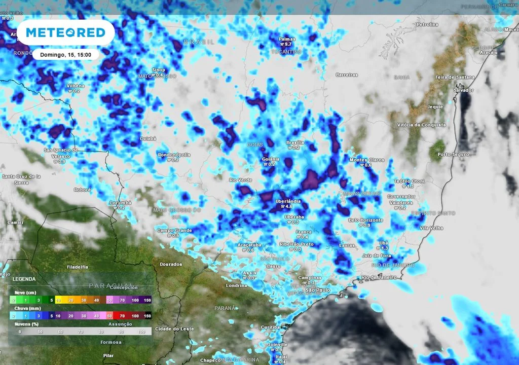 Previsão de nebulosidade e chuva no domingo durante a tarde mostra que pancadas de chuva podem se formar em praticamente todo o Sudeste e o Centro-Oeste.