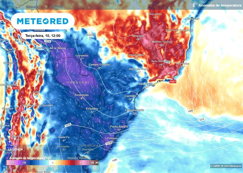 Mapa de temperaturas na terça-feira