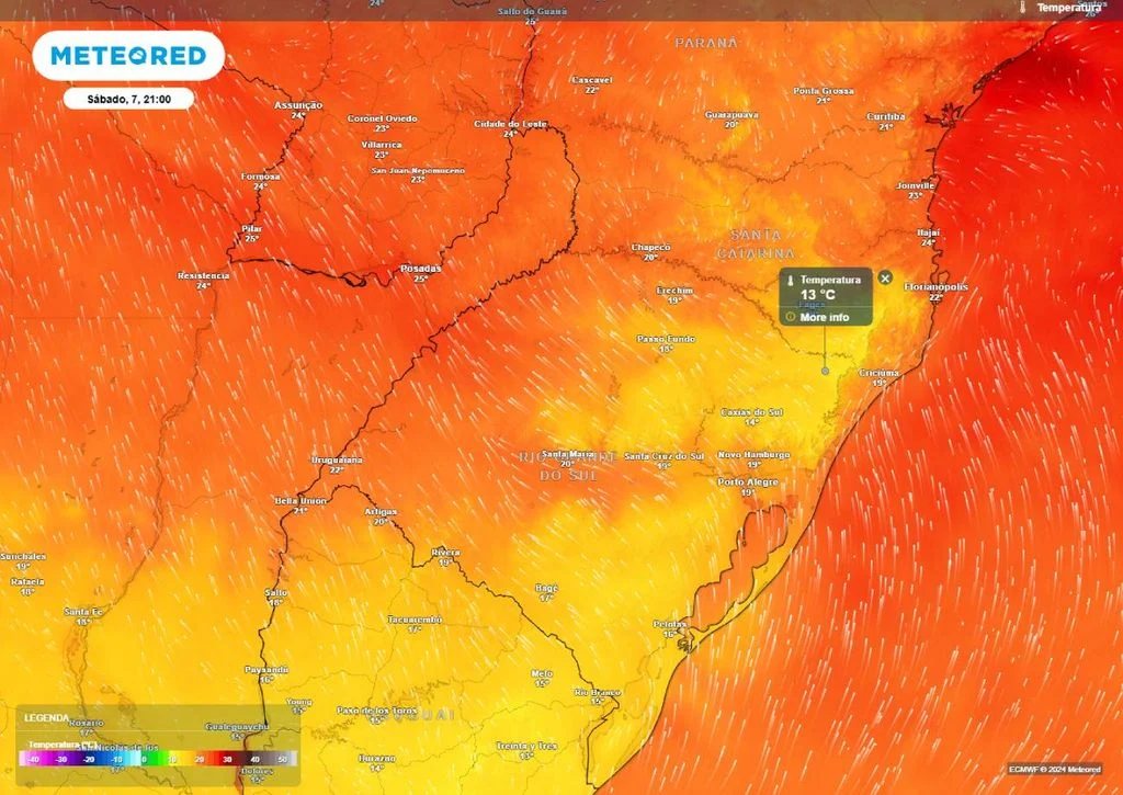 Mapa de temperatura no sábado