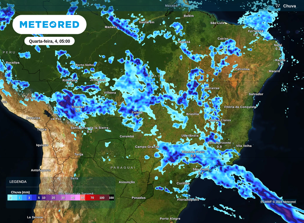 Mapa de chuvas na quarta-feira