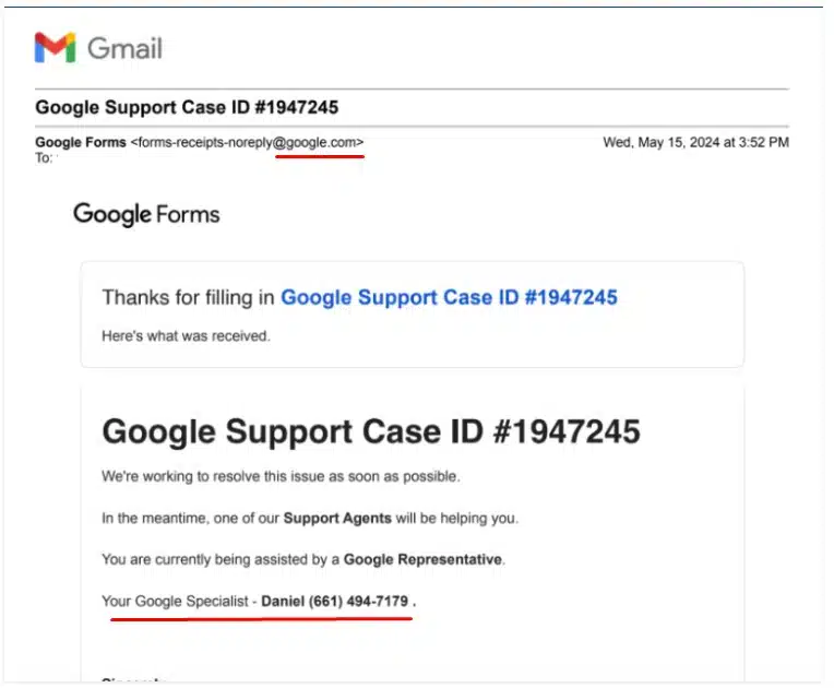 Adam Griffin e Tony disseram que receberam o mesmo número de ID do caso de suporte do Google antes de seus roubos. Ambos foram enviados via Google Forms, que envia diretamente do nome de domínio google.com. (Foto: Krebs on Security)