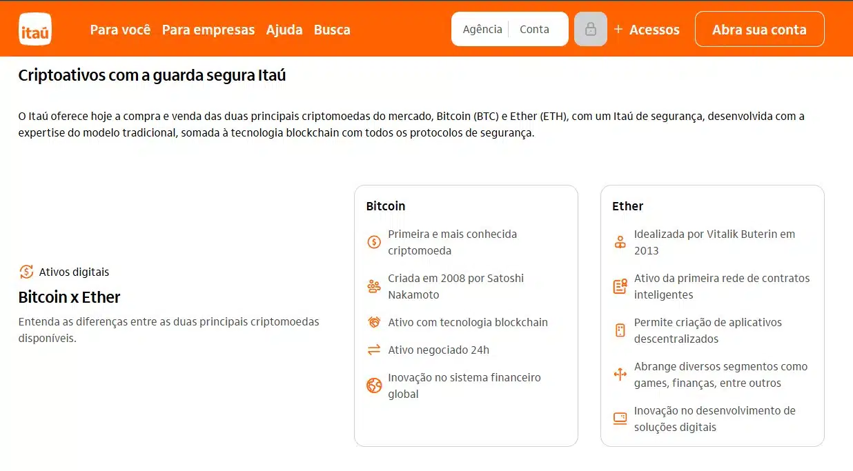 Página Itaú Bitcoin