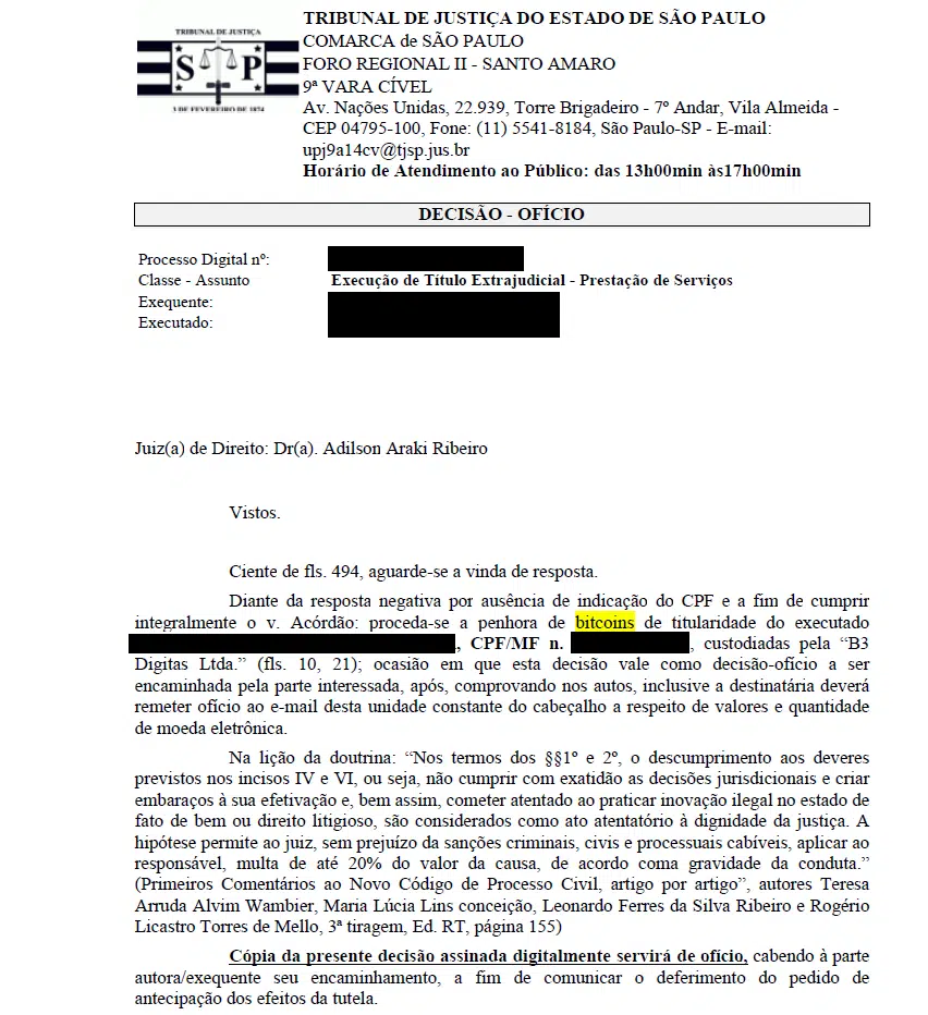 Decisão da justiça de São Paulo determina bloqueio de bitcoin custodiado pela B3 Digitas