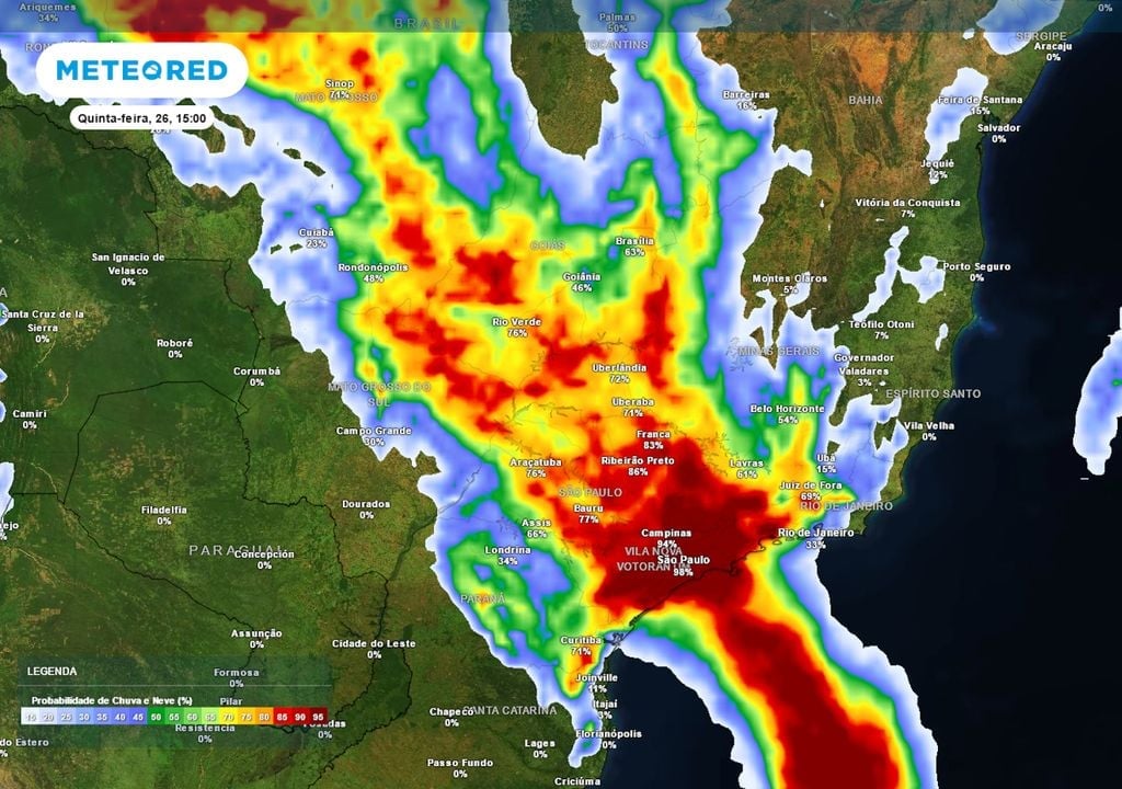 Previsão de probabilidade de chuva na tarde desta quinta-feira, 26, mostra que tempestades devem se formar sobre todo o território paulista à noite | Foto: Reprodução/Tempo.com