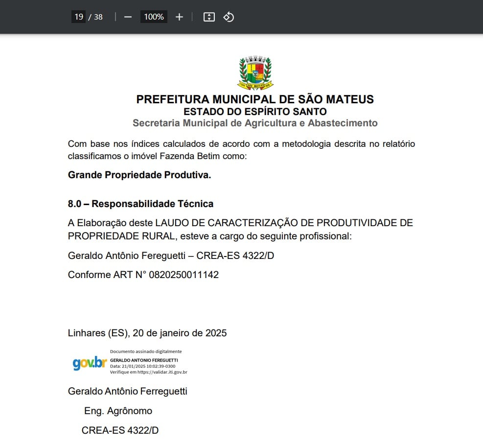 Em relatório, engenheiro agrônomo classifica a fazenda dos Bettim como grande propriedade produtiva | Foto: Reprodução