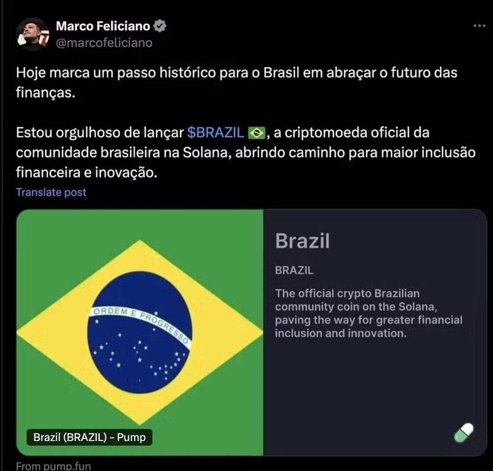 Print de publicação no perfil do deputado federal Marco Feliciano (PL-SP) divulgando memecoin | Foto: Reprodução/Twitter/X