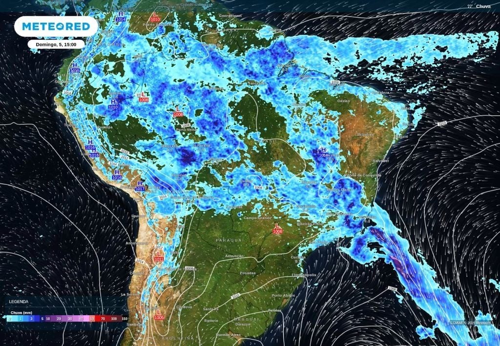 Previsão de precipitação para a tarde (15h) de domingo (05), de acordo com o modelo EMWF.
