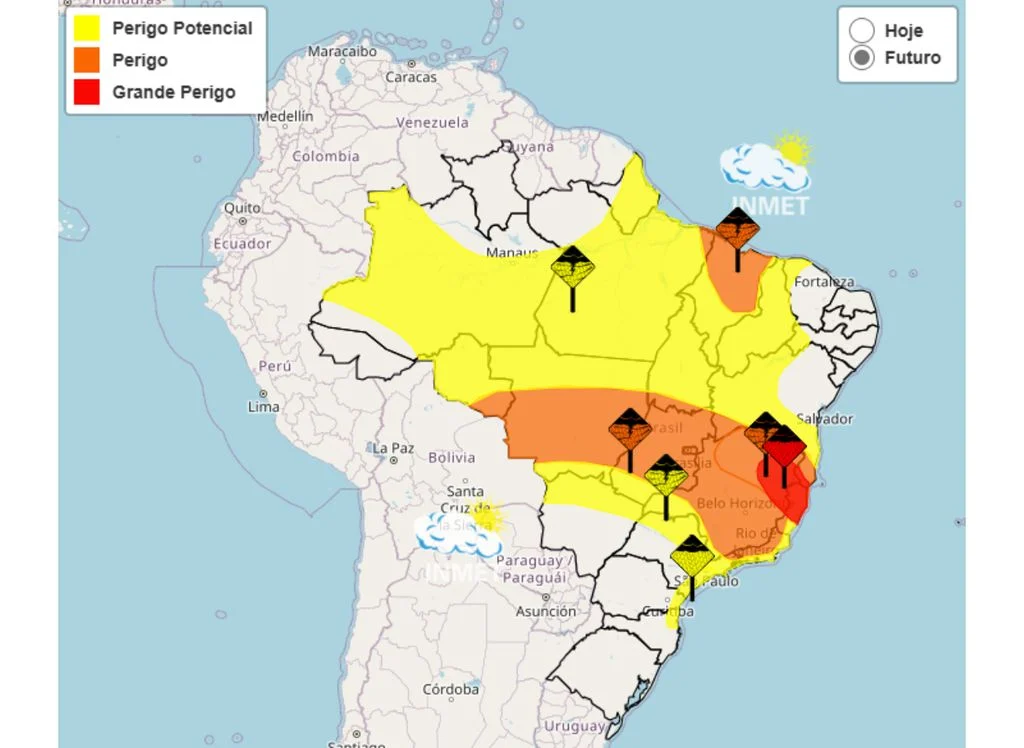 Mapa mostra as regiões em alerta