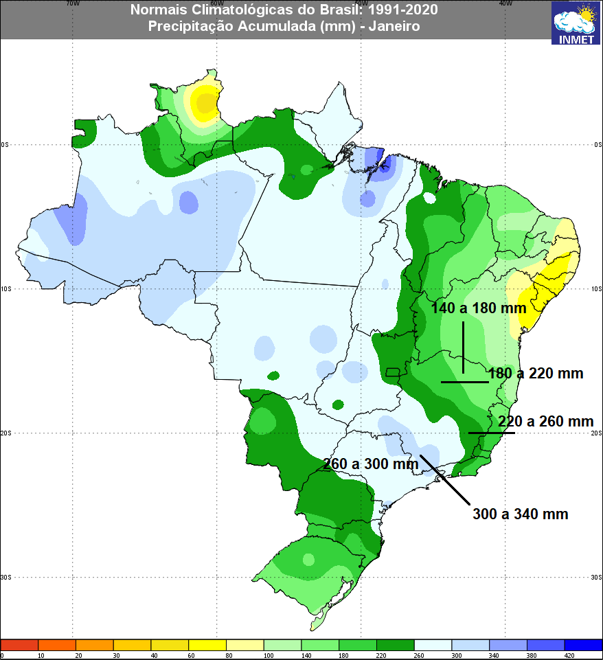 Climatologia de precipitação em janeiro na região Sudeste (Fonte: Inmet)