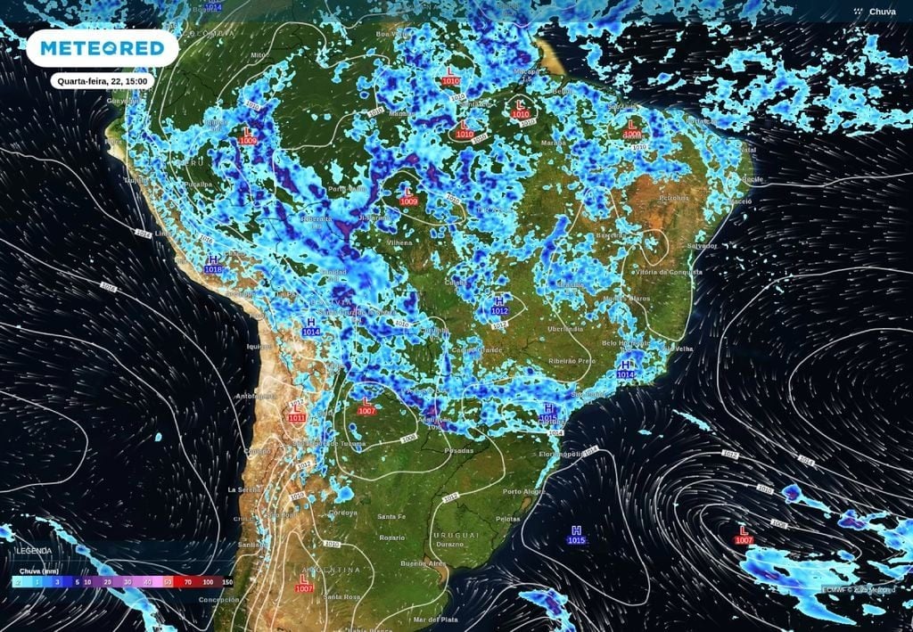 Previsão de chuva (escala de cores) e pressão atmosférica (linhas brancas) para quarta-feira (22), destacando a atuação de uma frente fria, de acordo com o modelo ECMWF.
