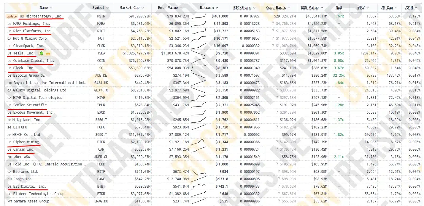 Empresas americanas estão entre as maiores posições em Bitcoin do mundo, mas novo imposto pode ser desencorajador. Fonte: Bitcoin Treasuries.