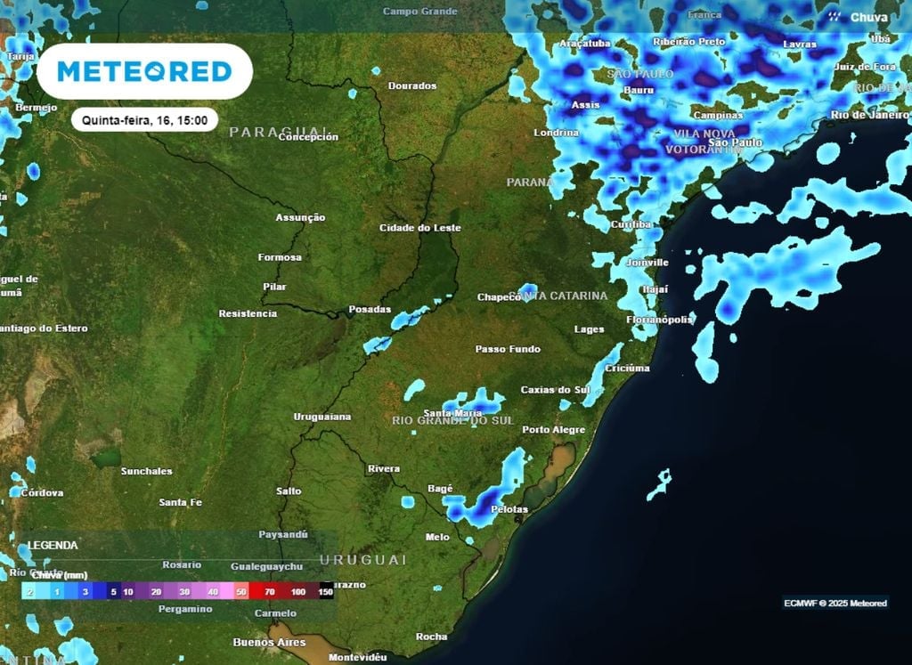 Previsão de chuvas para a tarde da quinta-feira, segundo o modelo ECMWF