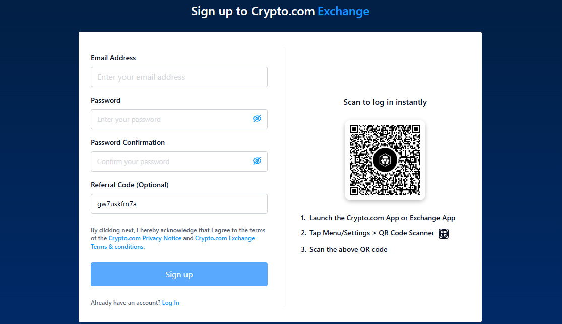 Processo de inscrição Crypto.com