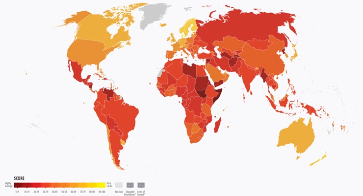 Mapa de percepção de corrupção no mundo em 2024 | Foto: Divulgação/Transparência Internacional