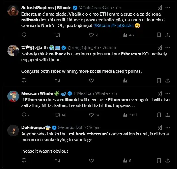 Rollback no Ethereum vira assunto nas redes sociais após hack bilionário da Bybit. Fonte: X.