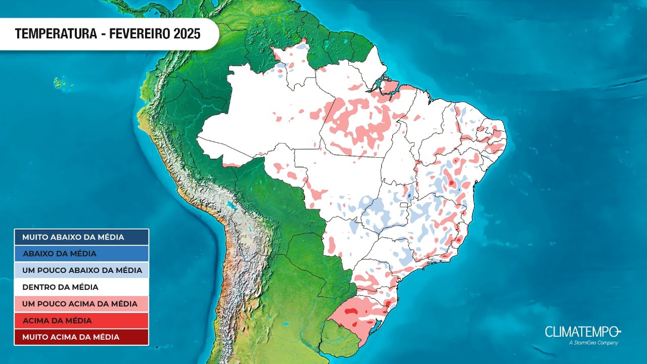 Previsão da anomalia de temperatura para fevereiro de 2025 (Fonte: Climatempo)