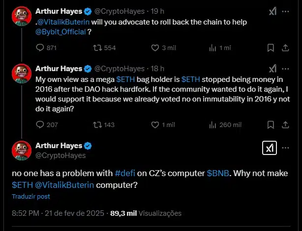 Arthur Hayes, fundador da BitMex, fala em rollback no Ethereum após hack de R$ 8,2 bilhões da Bybit. Fonte: X.