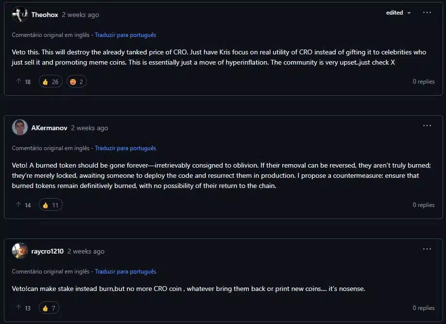 Comunidade se mostrou totalmente contra a proposta de reviver 70 bilhões de tokens CRO. Fonte: GitHub/Reprodução.