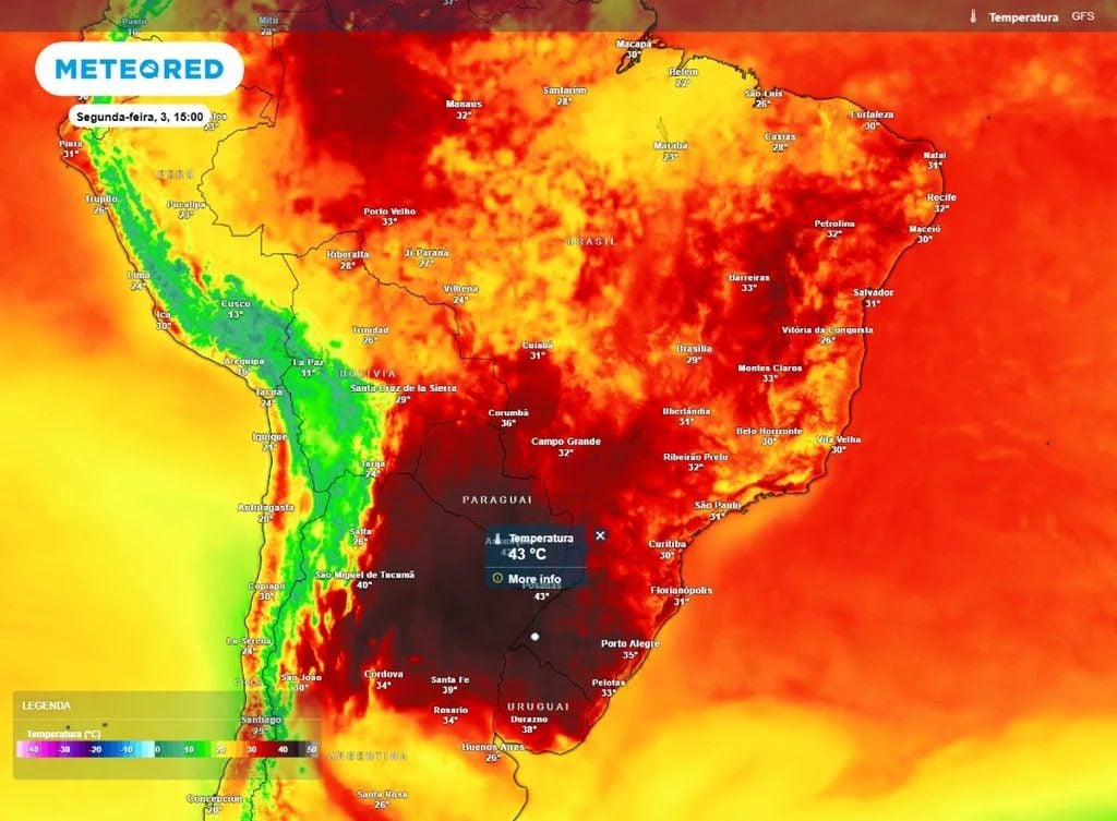 À tarde, máximas podem superar 40°C na região central do Rio Grande do Sul, Campanha, Oeste e Missões | Foto: Divulgação/Meteored