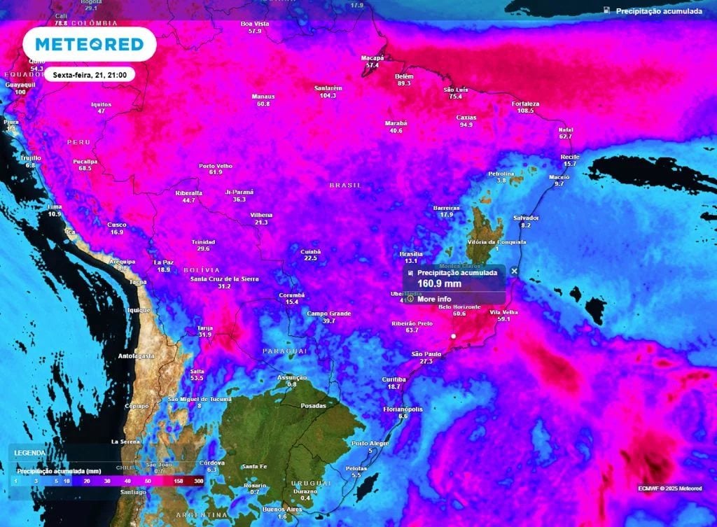 O alerta principal é para o Rio de Janeiro, sul do Espírito Santo, sudeste de Minas Gerais e Vale do Paraíba (SP) | Foto: Divulgação/Meteored