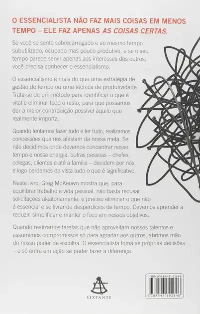 Imagem traseira do produto, a contracapa em fundo branco, com texto disposto em colunas e design gráfico simples.