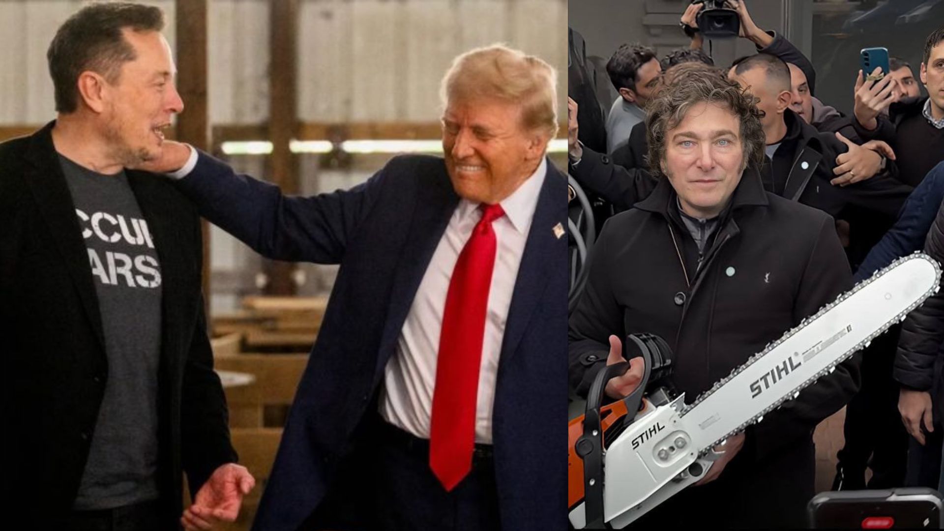 'Por que a esquerda odeia gente como Alice Weidel' / Noticias No BR 4 Da esquerda para a direita: o empresário Elon Musk; o presidente dos Estados Unidos, Donald Trump; e o presidente da Argentina, Javier Milei